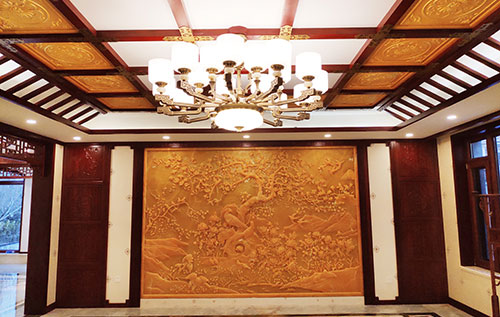 高州中式别墅客厅中式木作横梁吊顶装饰展示